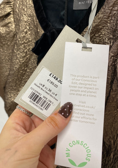 Fabulous Mint Velvet Mini dress UK 8 Gold bow detail metallic party RG020