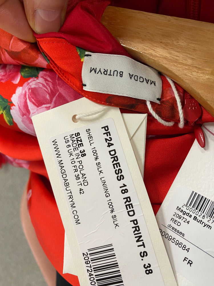 Fabulous Magda Butrym gathered silk floral print Maxi Dress Uk10 Red RG020