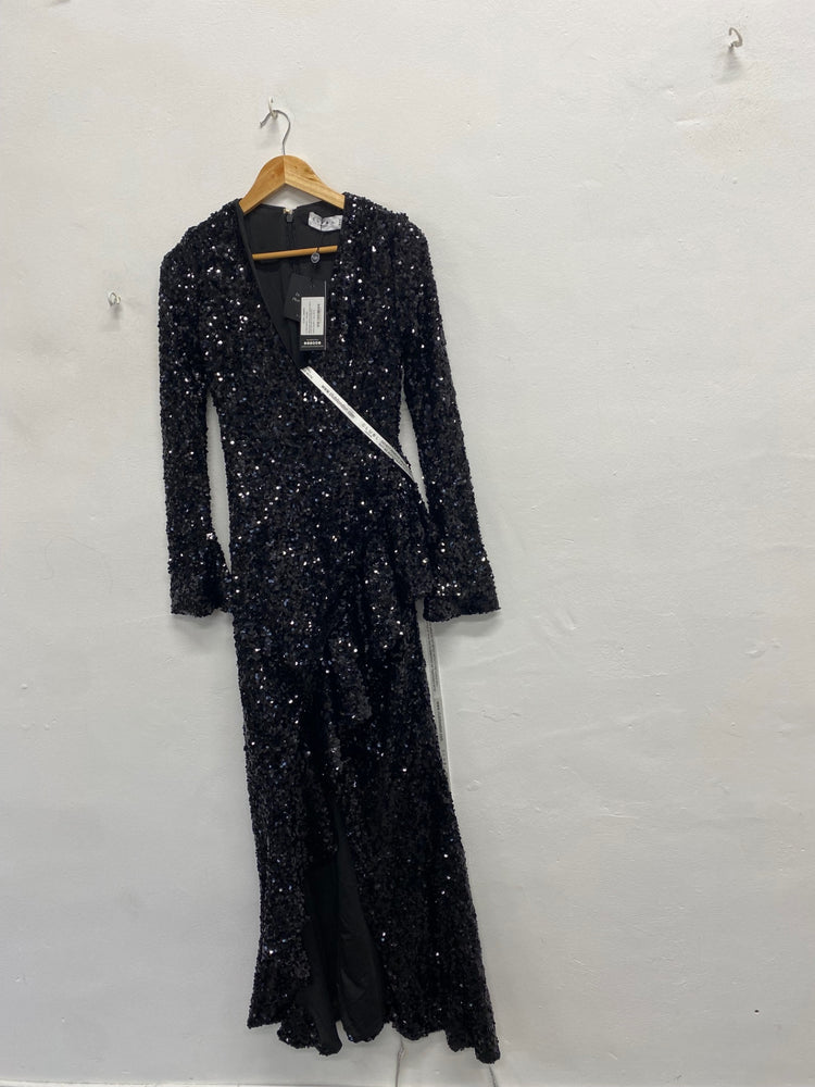 Fabulous Club L london wild dream Maxi Dress UK 10 Black sequin party RG020