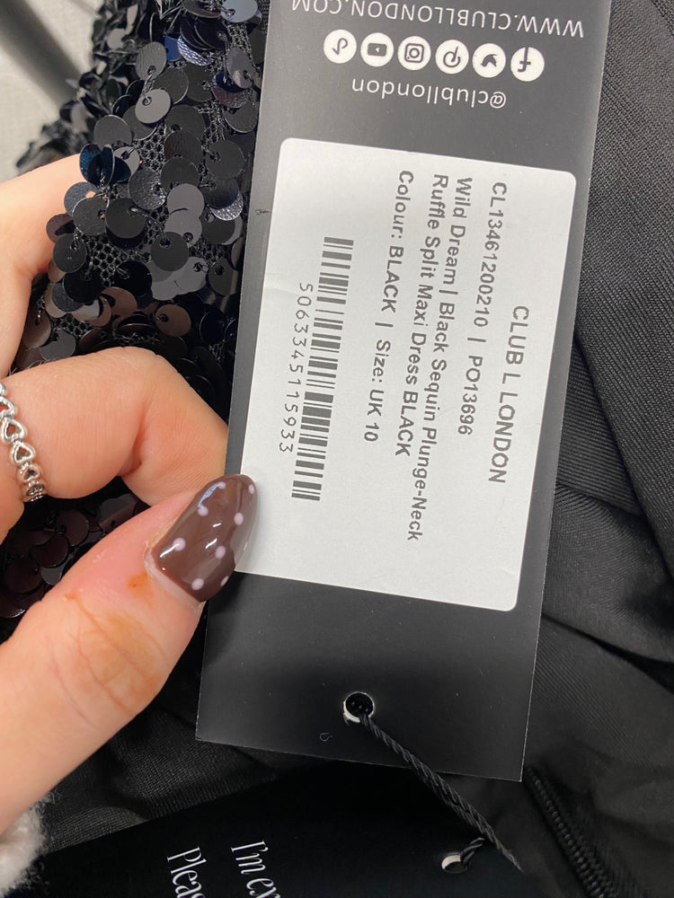 Fabulous Club L london wild dream Maxi Dress UK 10 Black sequin party RG020