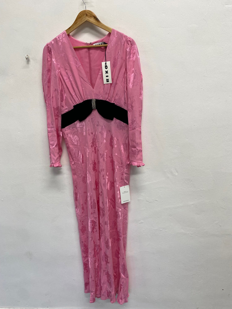 Fabulous Rixo Midi Dress UK 12 Pink black bow party RG020