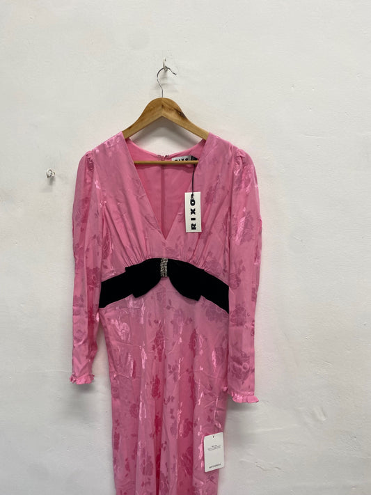 Fabulous Rixo Midi Dress UK 12 Pink black bow party RG020