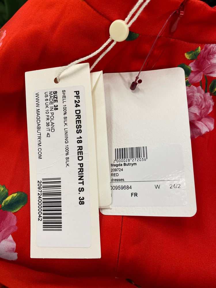 Fabulous Magda Butrym gathered silk floral print Maxi Dress Uk10 Red RG020