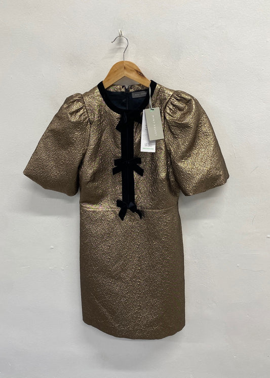 Fabulous Mint Velvet Mini dress UK 8 Gold bow detail metallic party RG020