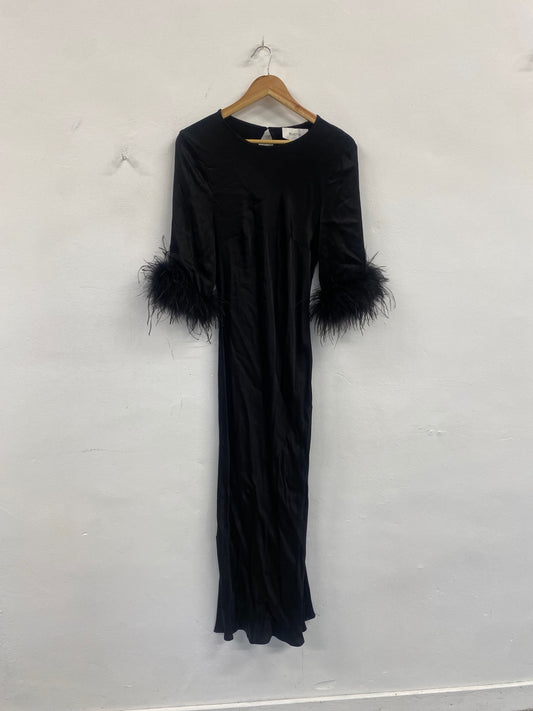 Fabulous Rewritten Satin elegant Dolly Dress feather cuffs UK14 Black SS002
