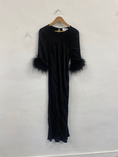 Fabulous Rewritten Satin elegant Dolly Dress feather cuffs UK14 Black SS002
