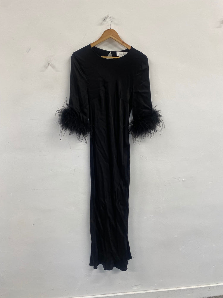 Fabulous Rewritten Satin elegant Dolly Dress feather cuffs UK14 Black SS002