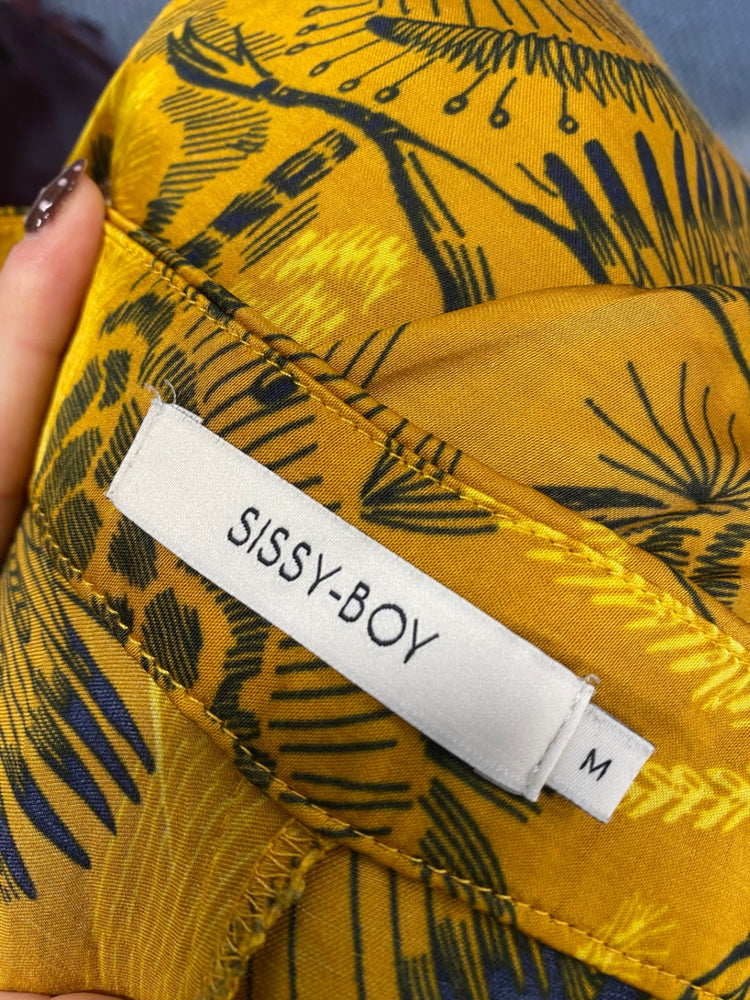 Fabulous Sissy-boy Wide leg trousers UK 10 Gold black pattern bird SS002