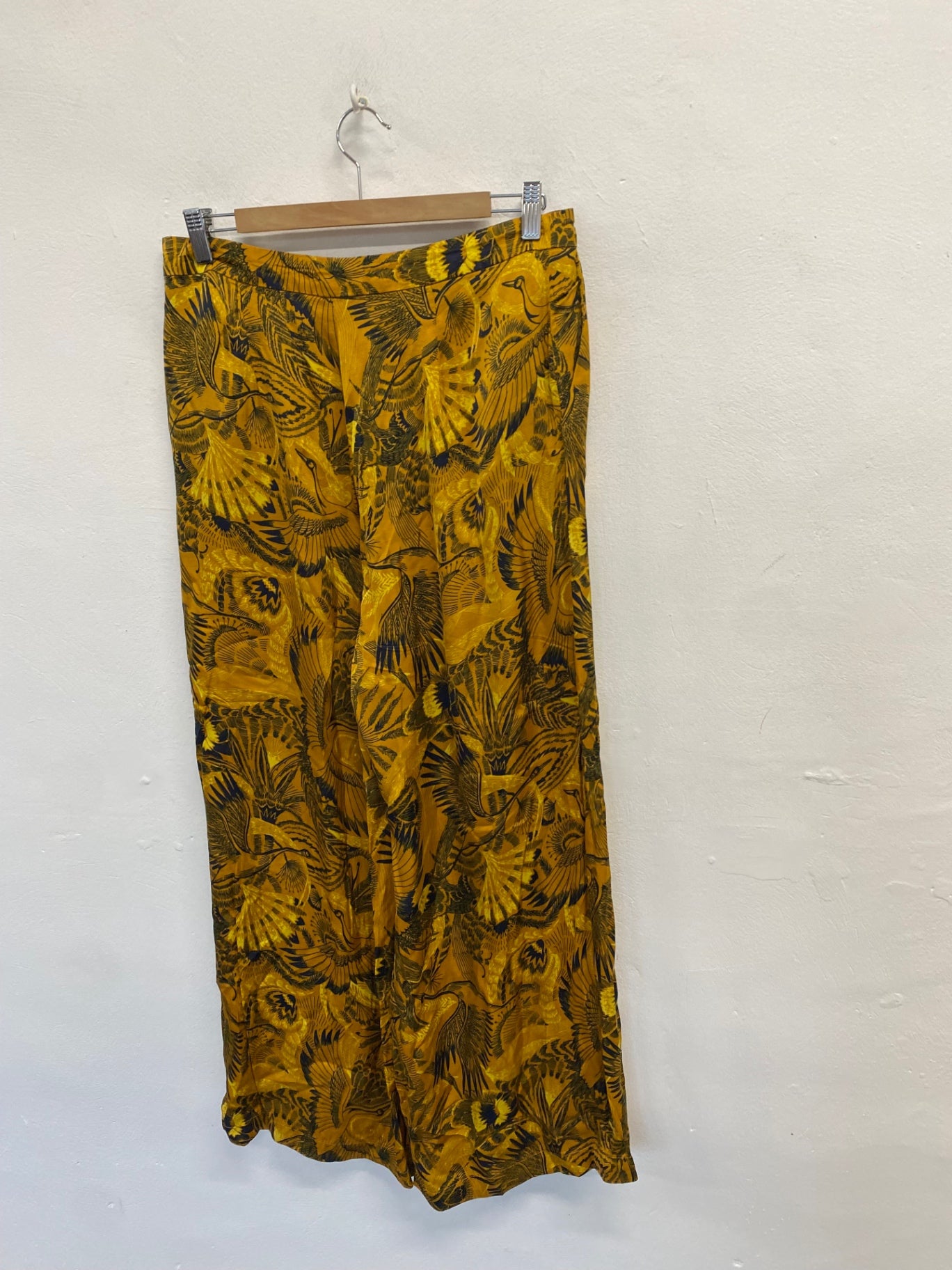 Fabulous Sissy-boy Wide leg trousers UK 10 Gold black pattern bird SS002