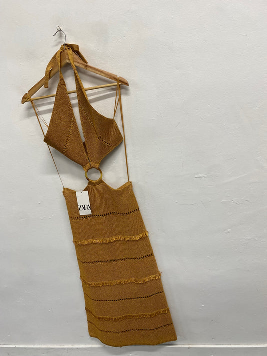 Fabulous Zara Dress UK 10 Mustard metallic dress holiday CP002