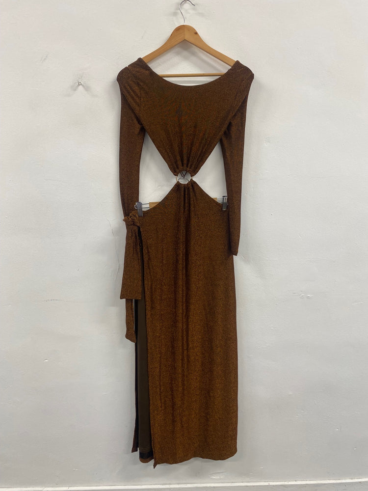 Fabulous Meshki cut out sexy Dress UKS Bronze Glitter Midaxi AM012