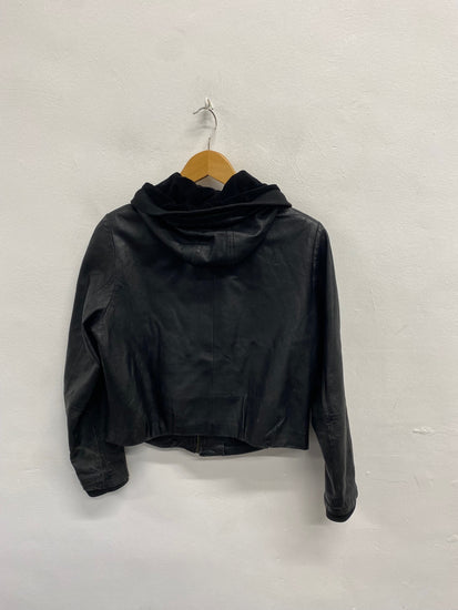 Fabulous vintage Brick lane London Leather Jacket UK 12-14 Black hooded SS002
