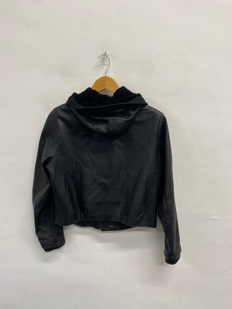 Fabulous vintage Brick lane London Leather Jacket UK 12-14 Black hooded SS002