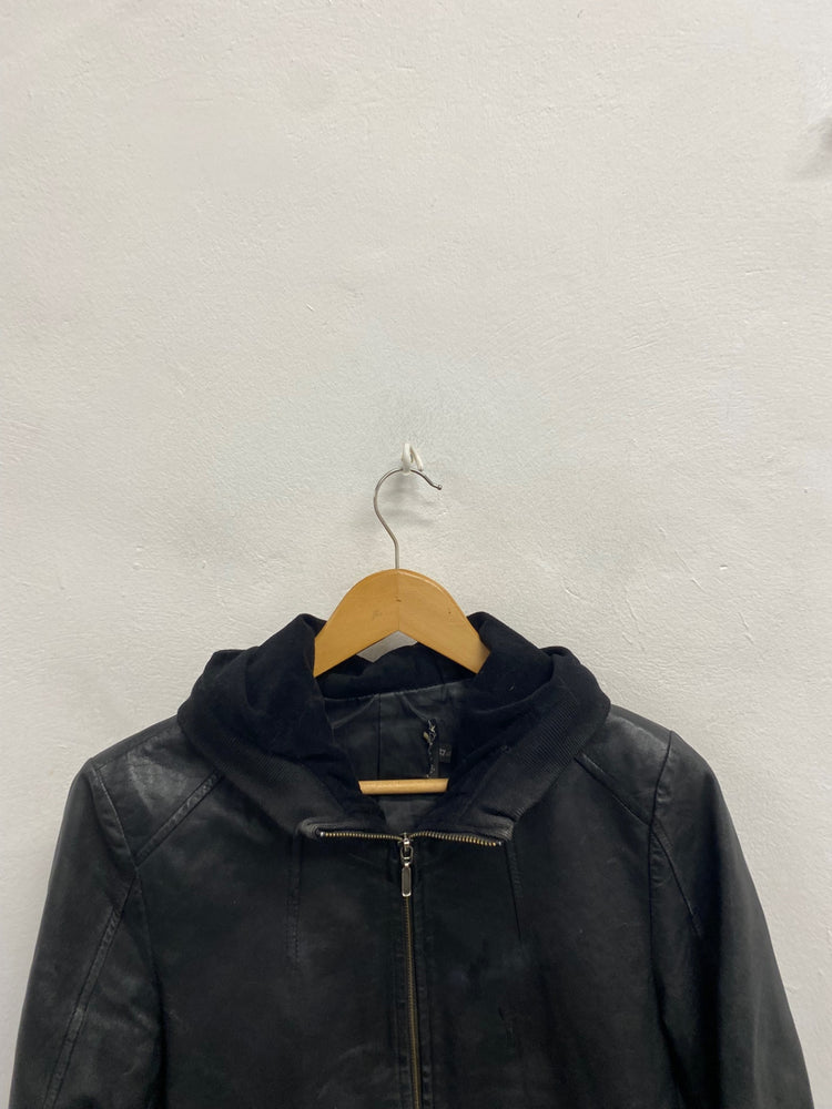 Fabulous vintage Brick lane London Leather Jacket UK 12-14 Black hooded SS002