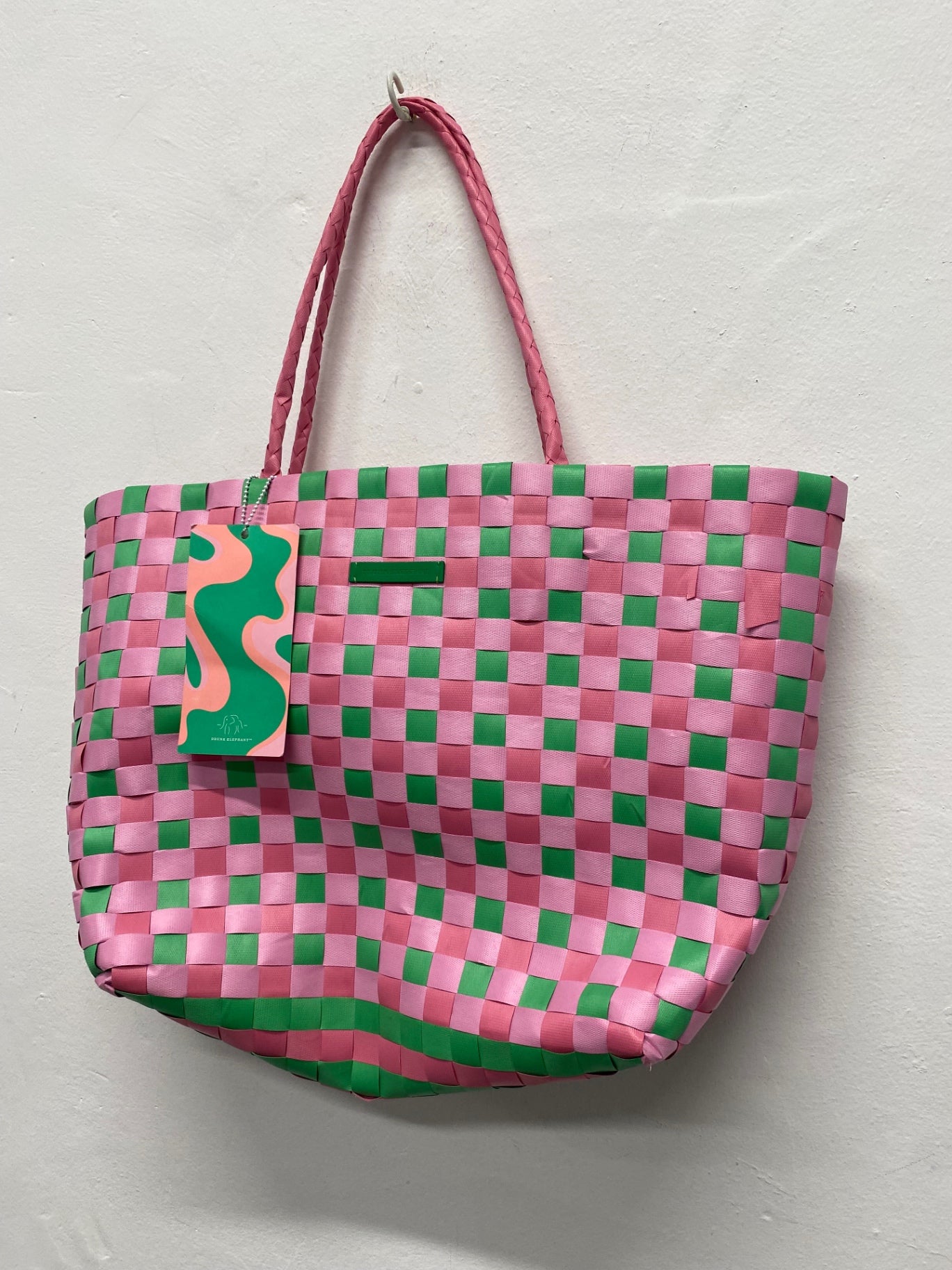 Fabulous Drunk Elephant Woven Tote Bag One Size Pink & Green LG276