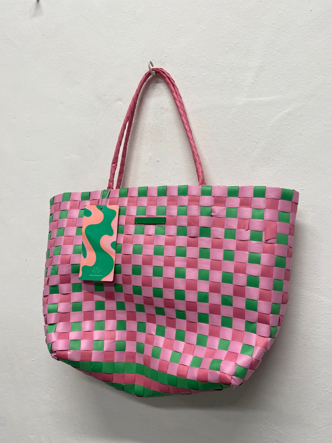 Fabulous Drunk Elephant Woven Tote Bag One Size Pink & Green LG276