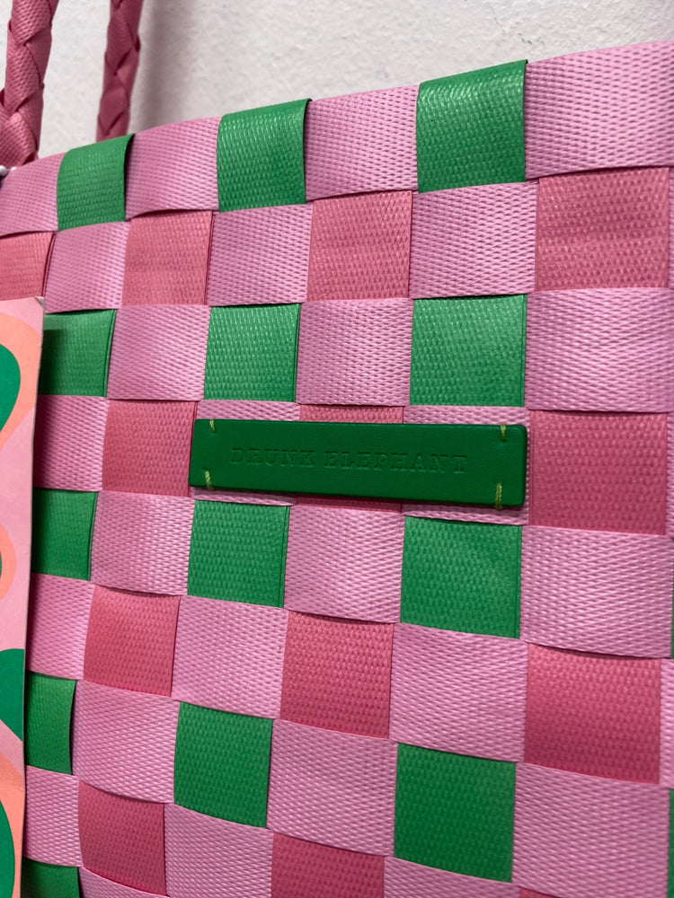 Fabulous Drunk Elephant Woven Tote Bag One Size Pink & Green LG276