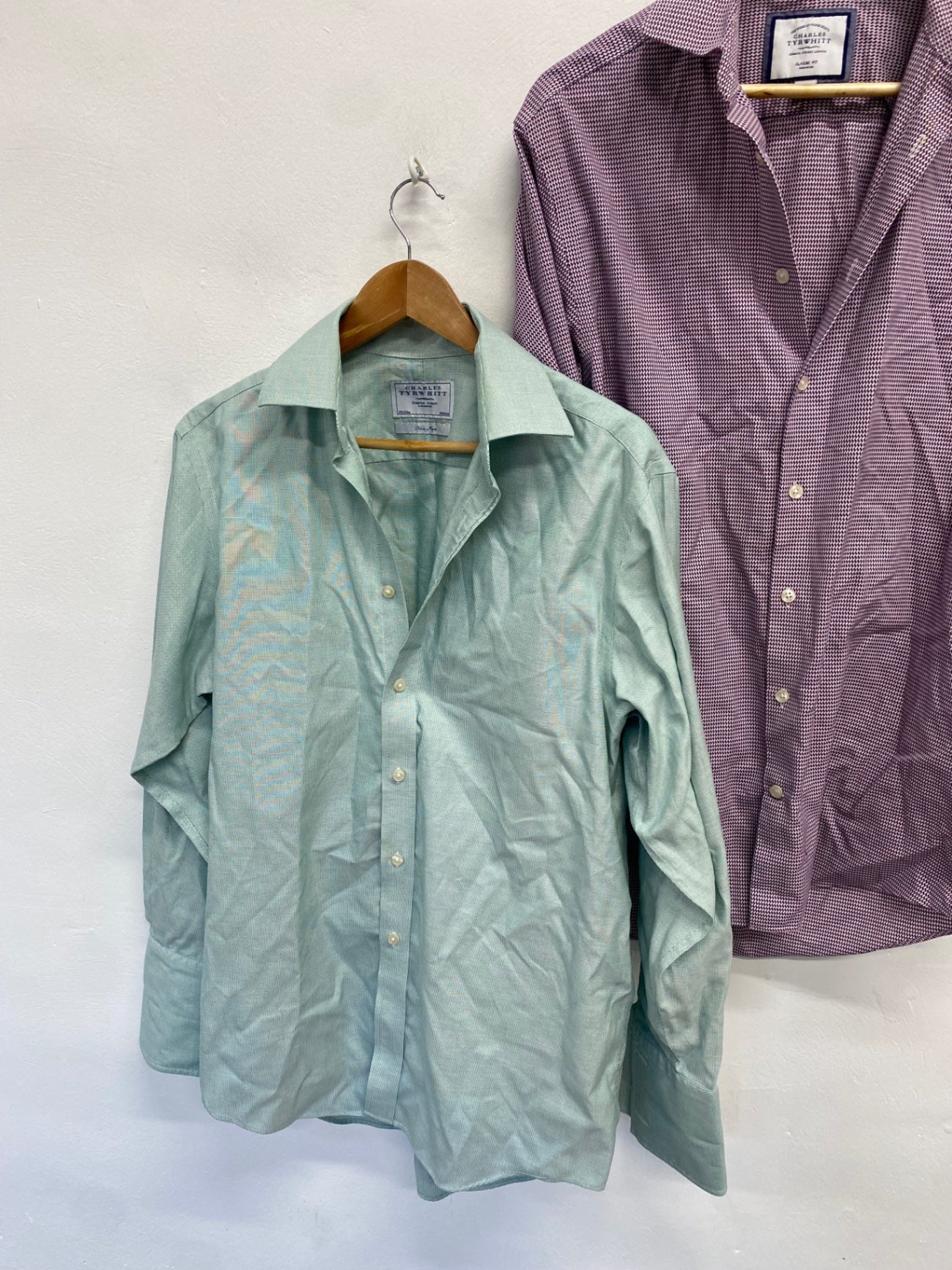 Fabulous duo of Charles Tyrwhitt Shirt 15.5" mint green purple pattern #851 LG276