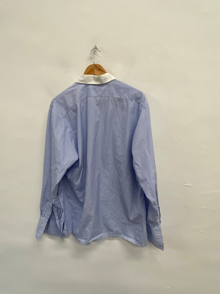 Fabulous Charvet Shirt 17” French cuff Blue white striped cotton formal SH493