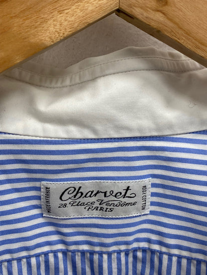 Fabulous Charvet Shirt 17” French cuff Blue white striped cotton formal SH493