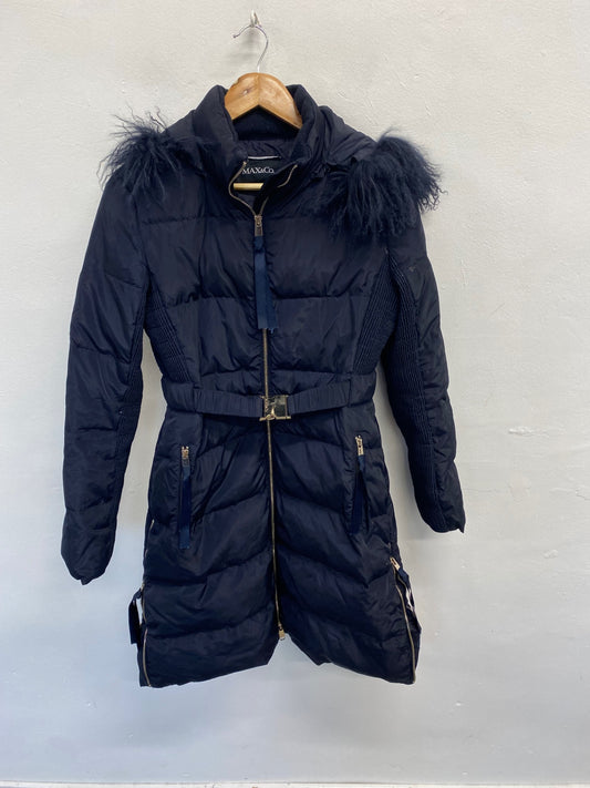 Fabulous Max&co Puffer midi hooded Jacket UK 10 Navy LT002