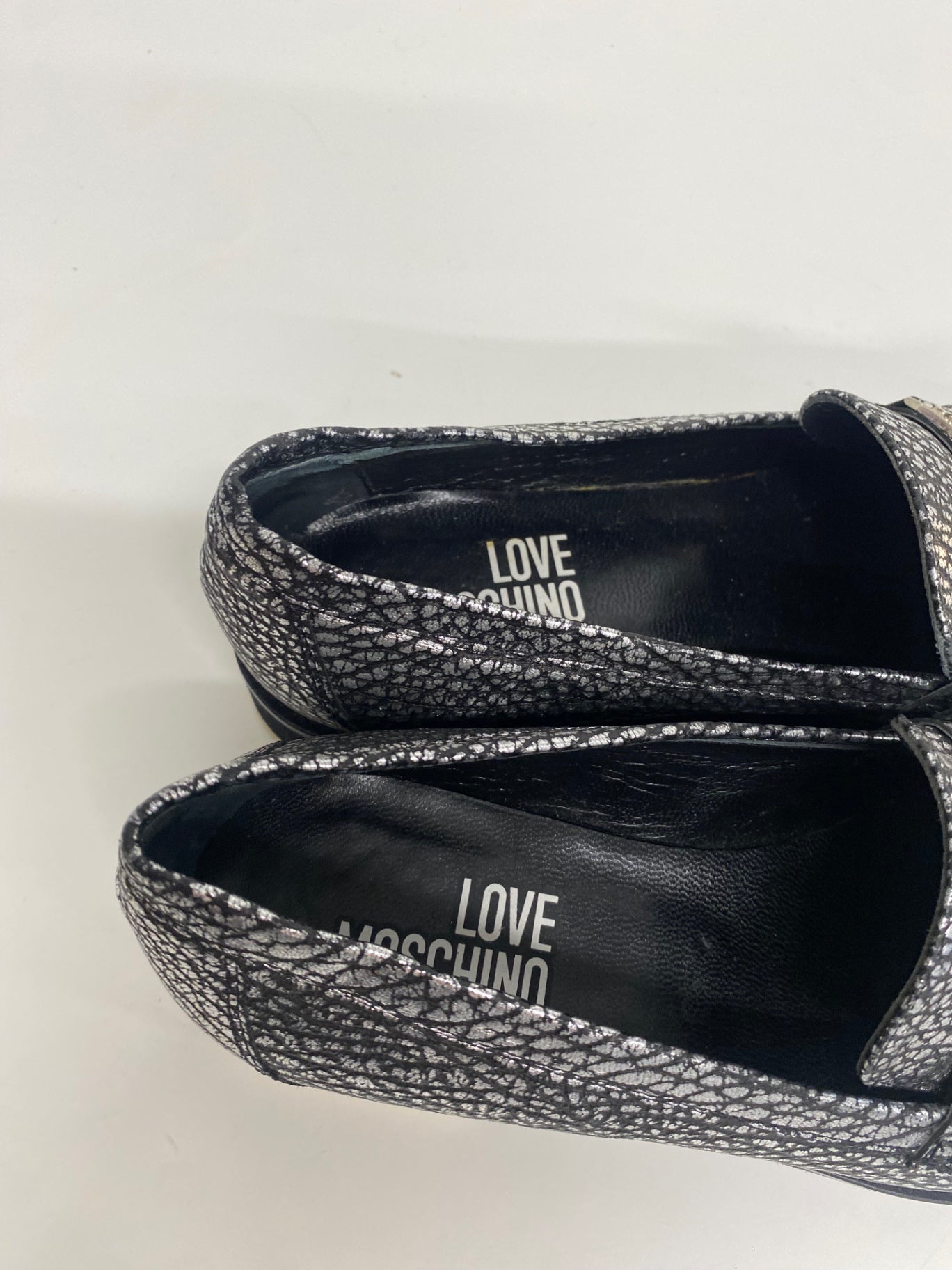 Fabulous Love Moschino Cracked Accent  Loafers UK4 Silver KF221