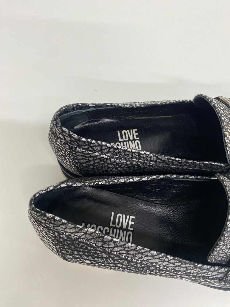 Fabulous Love Moschino Cracked Accent  Loafers UK4 Silver KF221