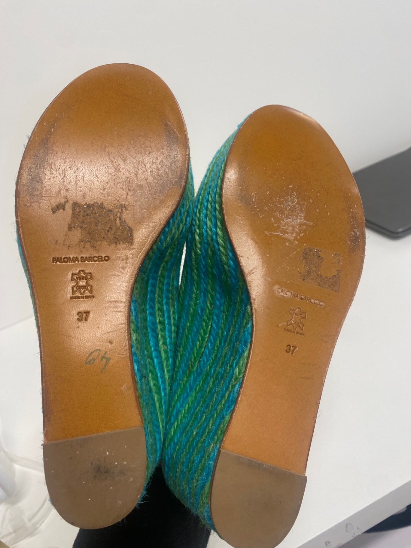 Fabulous Paloma Barcelo hessian wedge boat Sandals Uk4 Blue & Green KF221