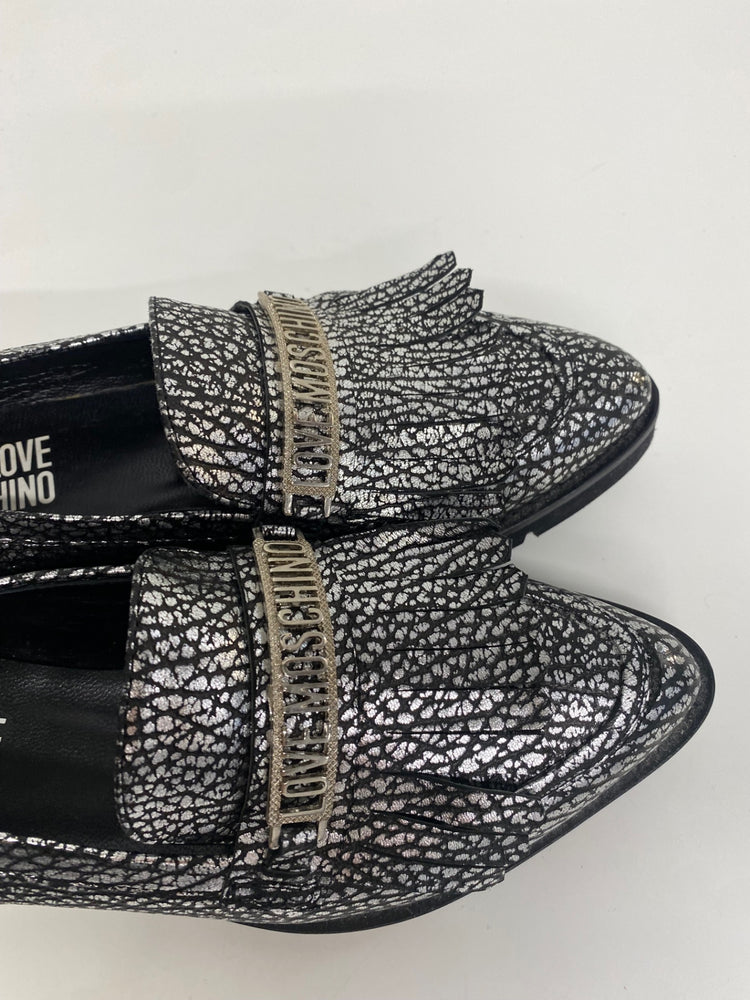 Fabulous Love Moschino Cracked Accent  Loafers UK4 Silver KF221