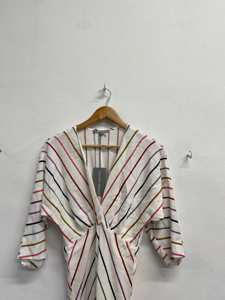 Fabulous Oliver Bonas Midi day Dress UK 8 Multicolor striped KF221