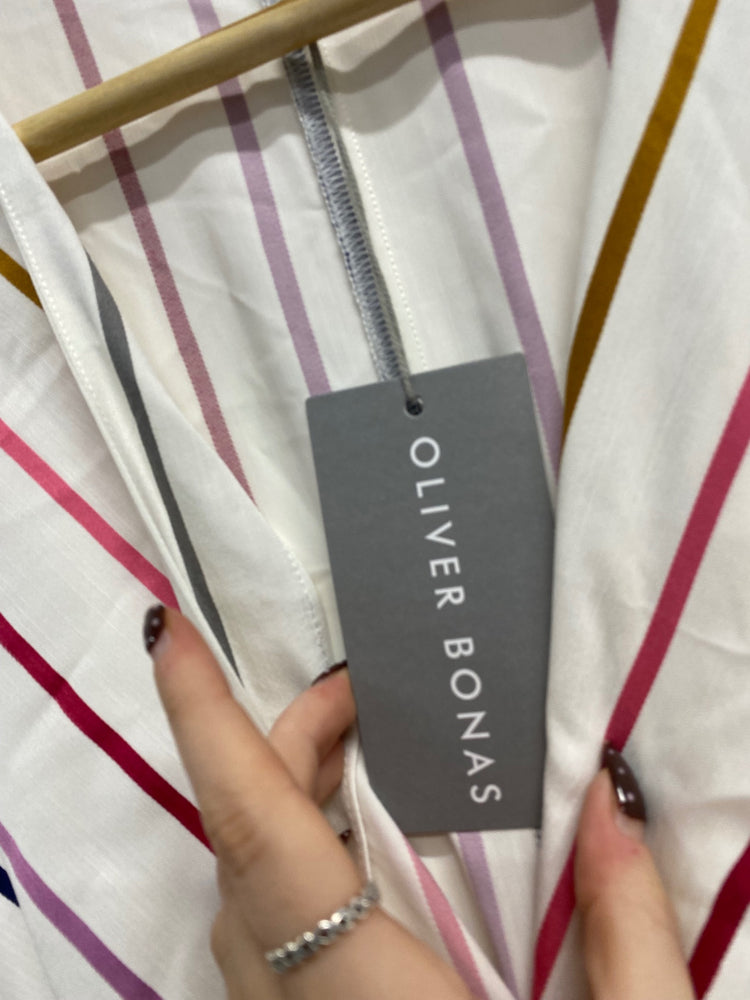 Fabulous Oliver Bonas Midi day Dress UK 8 Multicolor striped KF221