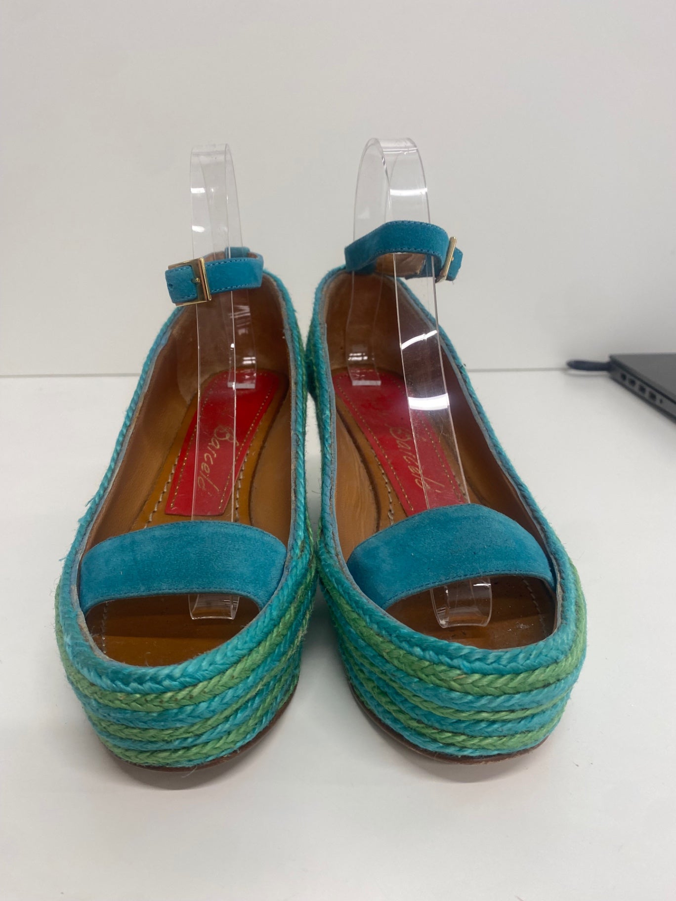 Fabulous Paloma Barcelo hessian wedge boat Sandals Uk4 Blue & Green KF221