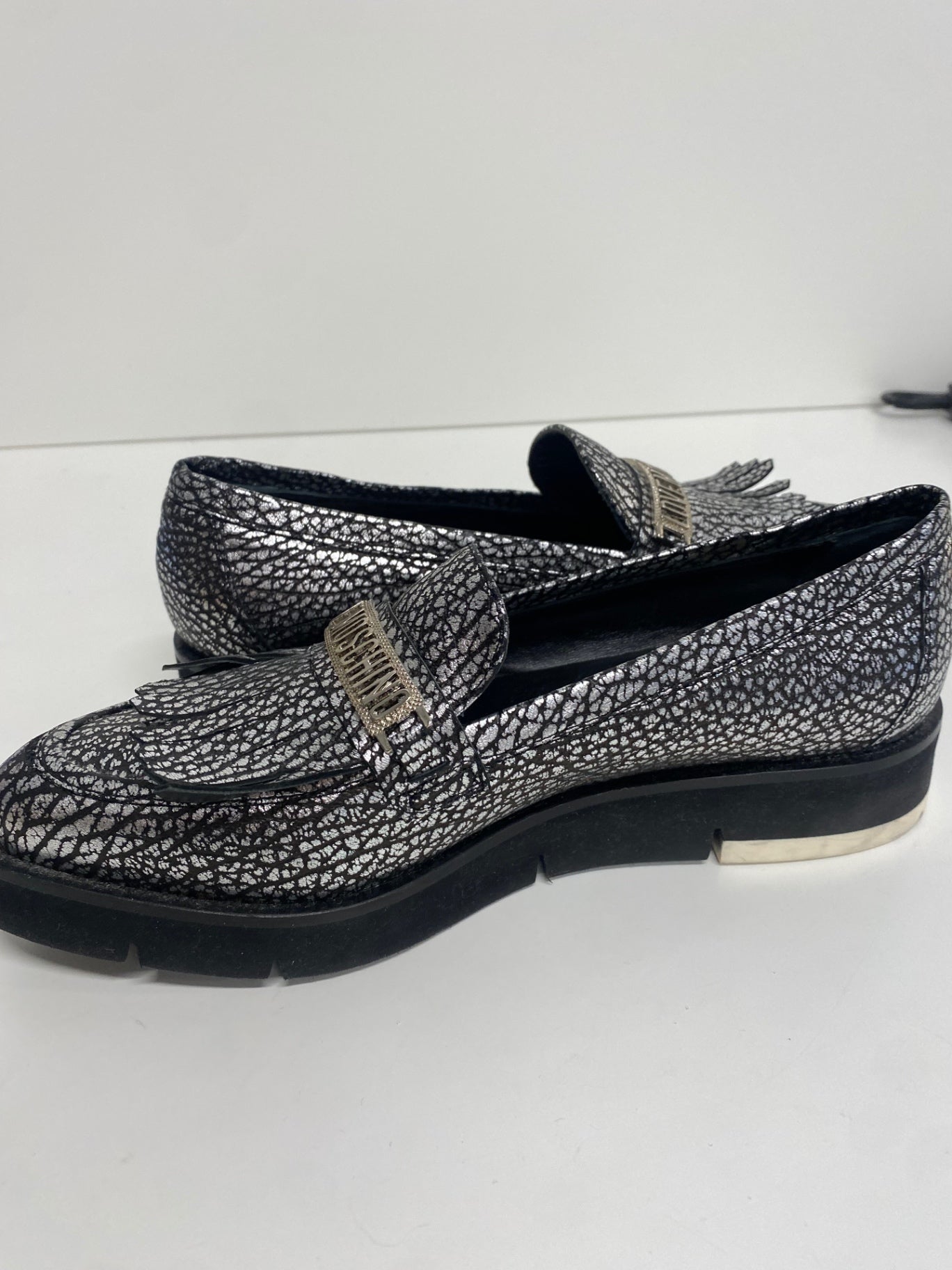 Fabulous Love Moschino Cracked Accent  Loafers UK4 Silver KF221