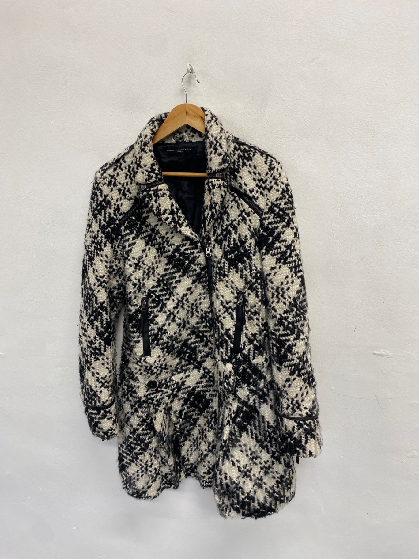 Fabulous Philosophy blues original Longline jacket UK 12 Black White checked wool KF221