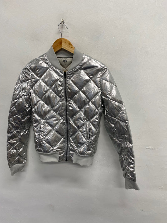 Fabulous Alo Bomber down filled quilted Jacket UK 6-8 Silver KF221