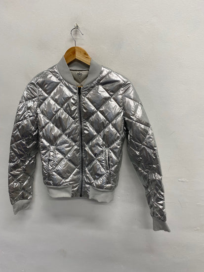 Fabulous Alo Bomber down filled quilted Jacket UK 6-8 Silver KF221