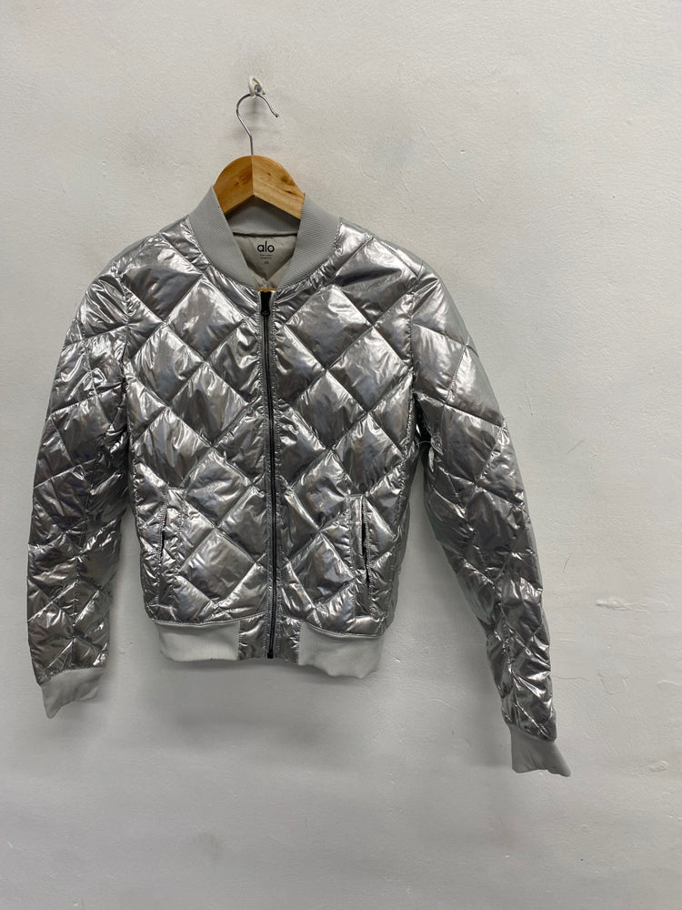Fabulous Alo Bomber down filled quilted Jacket UK 6-8 Silver KF221