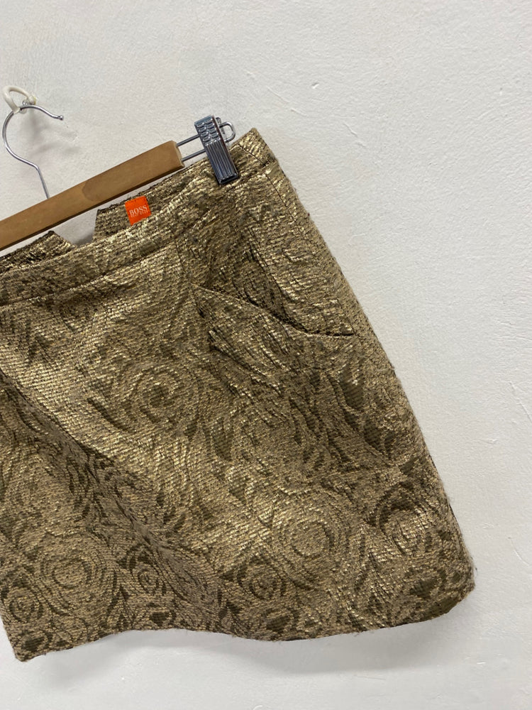 Fabulous Hugo boss jacquard Mini Skirt UK 12 w31 Gold floral KF221