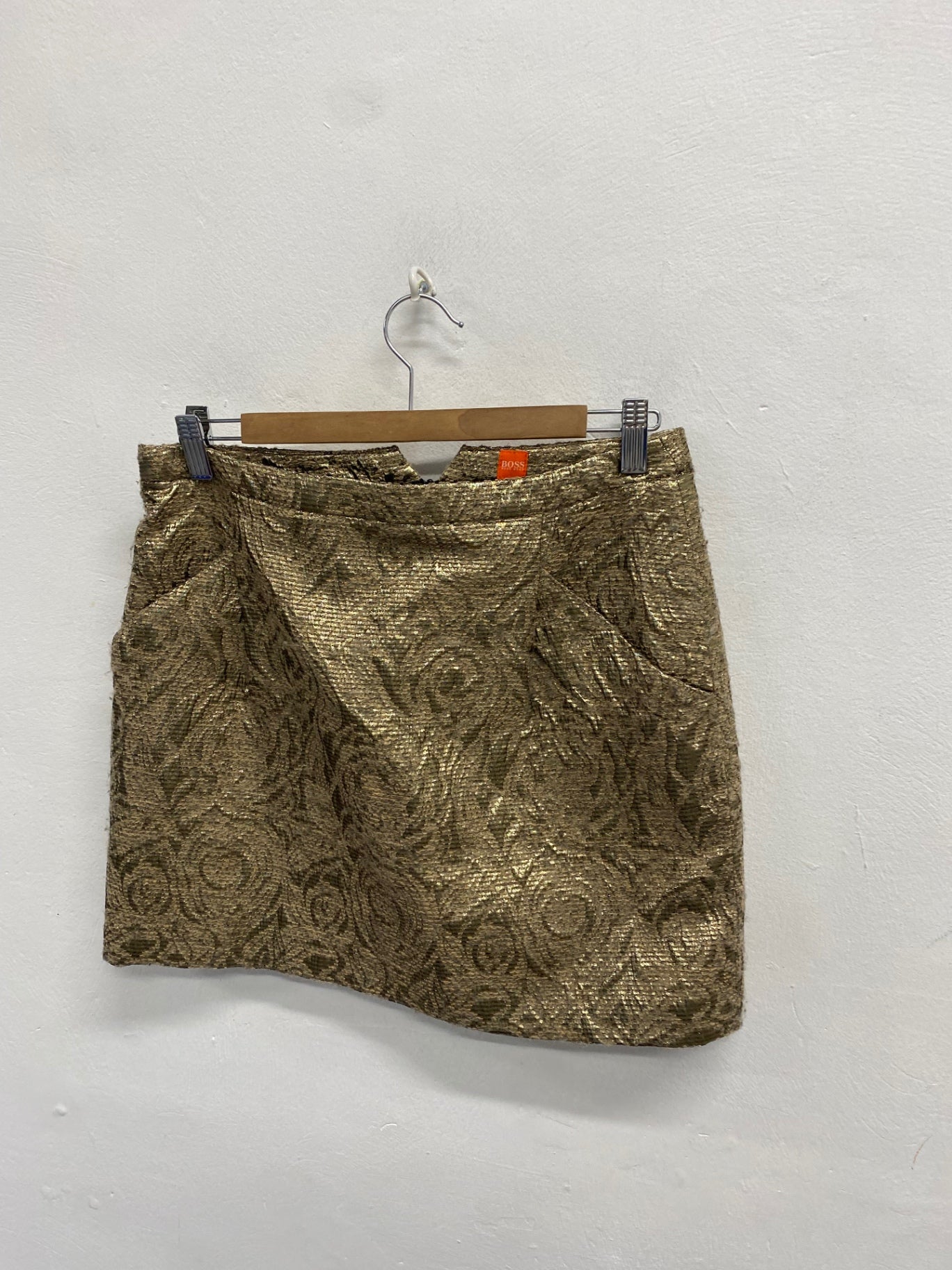 Fabulous Hugo boss jacquard Mini Skirt UK 12 w31 Gold floral KF221