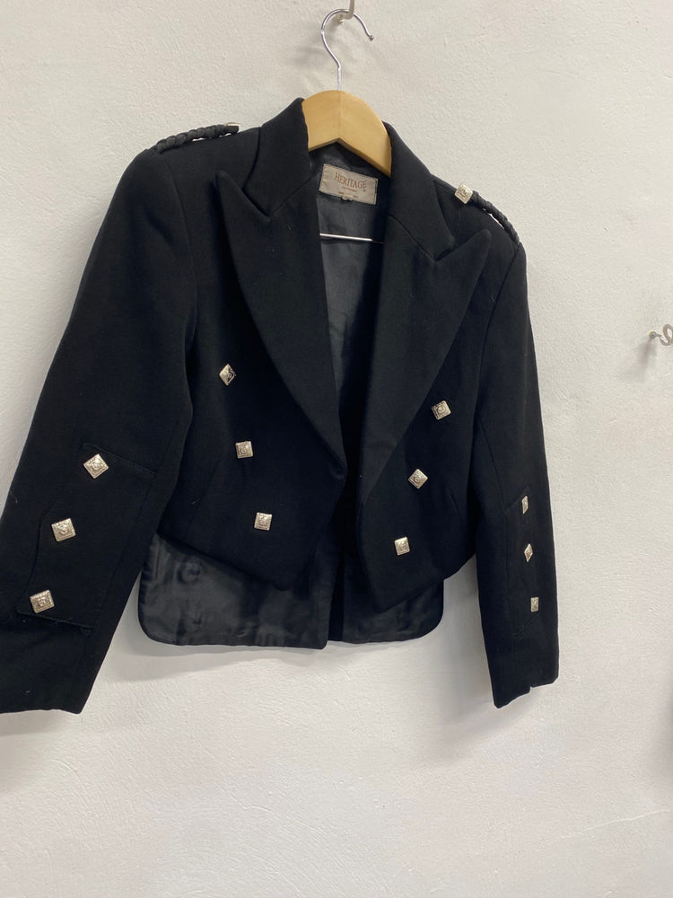 Fabulous ex hire Heritage wool Prince Charlie Kilt Jacket Age 8-10 Black #903 MD001