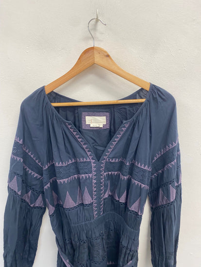 Fabulous Anthropologie Skye Midi Dress UK 14 Navy embroidered LB512