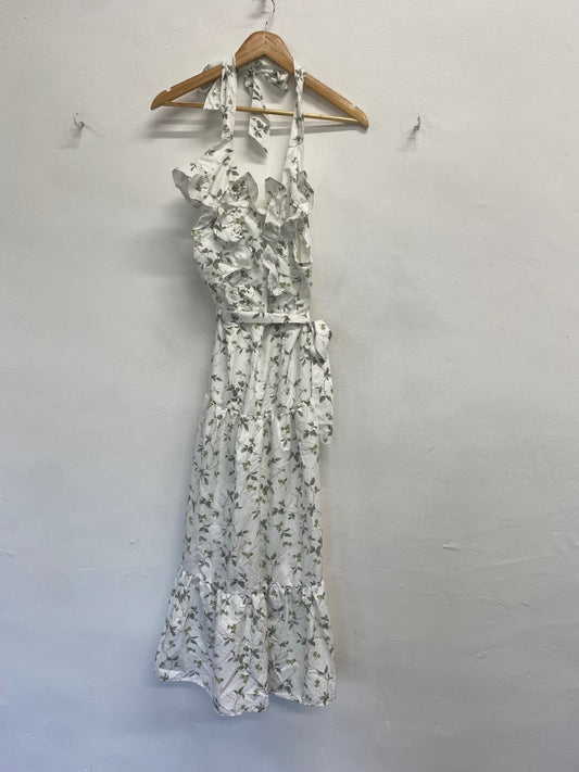 Stunning Anne Louise Boutique Maxi summer Dress UK 8 Green & White Floral FH539