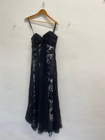 Stunning Monsoon Maxi Dress UK 12 Black grey floral silk KS544