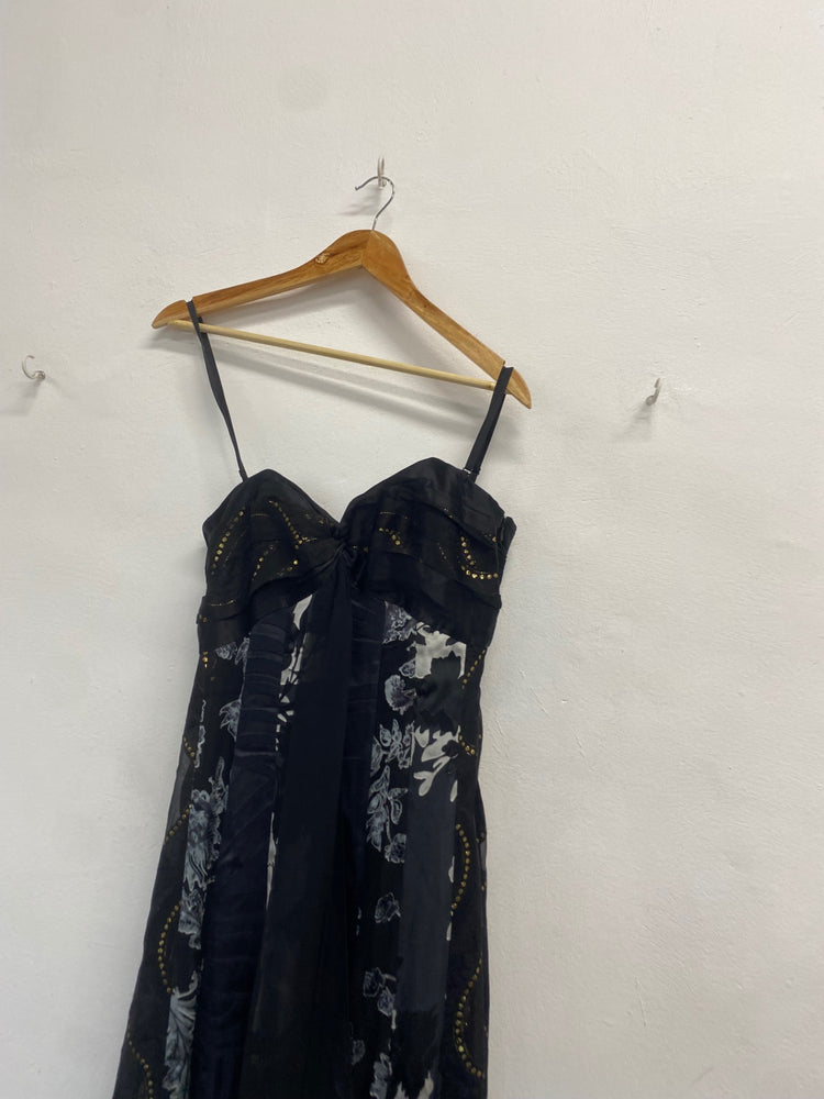 Stunning Monsoon Maxi Dress UK 12 Black grey floral silk KS544
