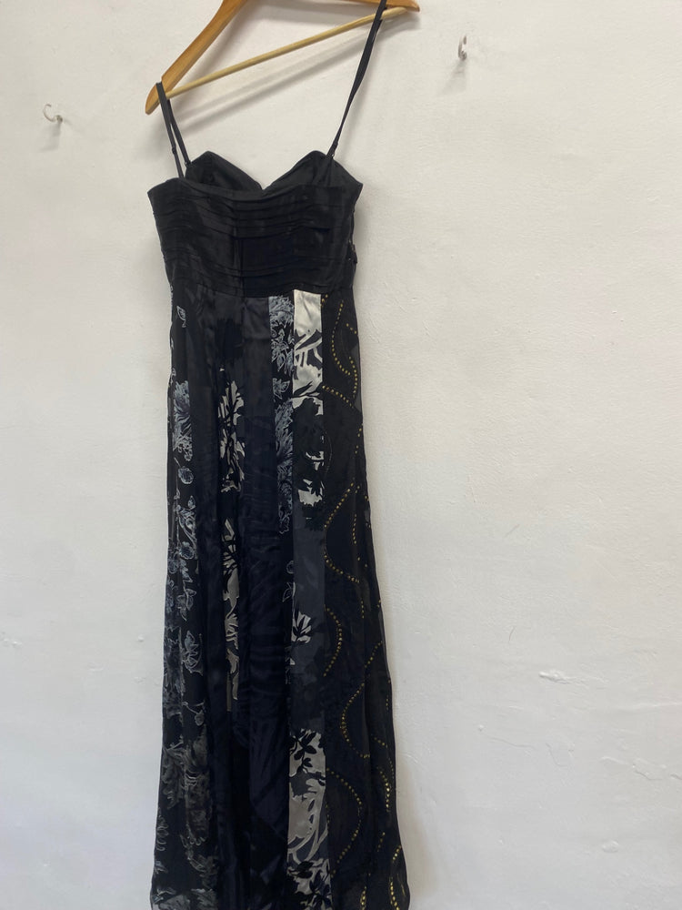 Stunning Monsoon Maxi Dress UK 12 Black grey floral silk KS544