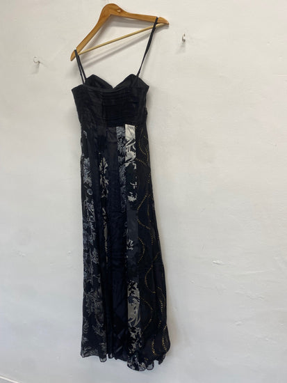 Stunning Monsoon Maxi Dress UK 12 Black grey floral silk KS544