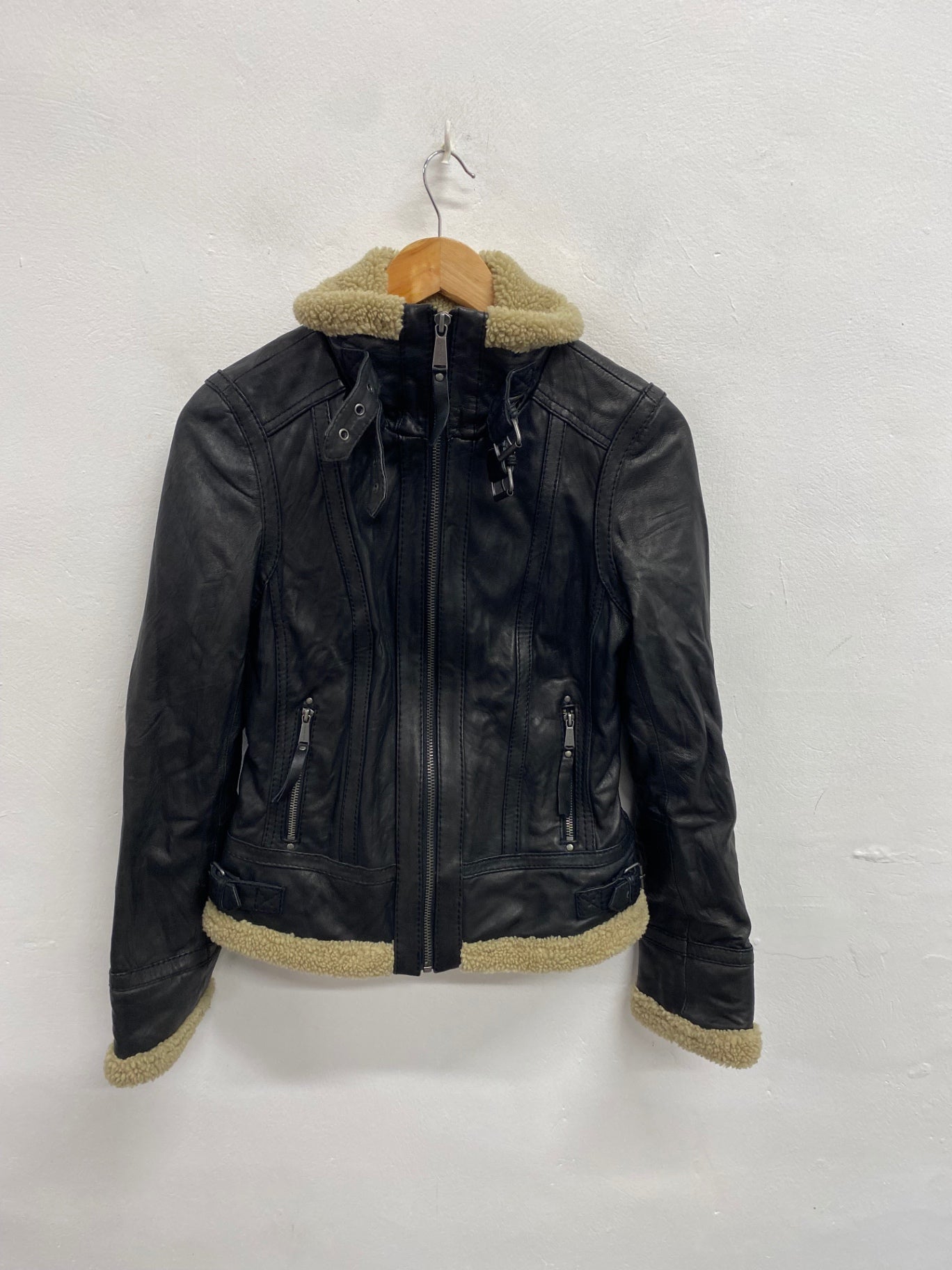 Stunning Michael Kors Leather biker Jacket shearling UK 10 Black beige BB001