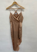 Stunning Runaway the label Midi Dress UK 10 Beige satin split hem SD553
