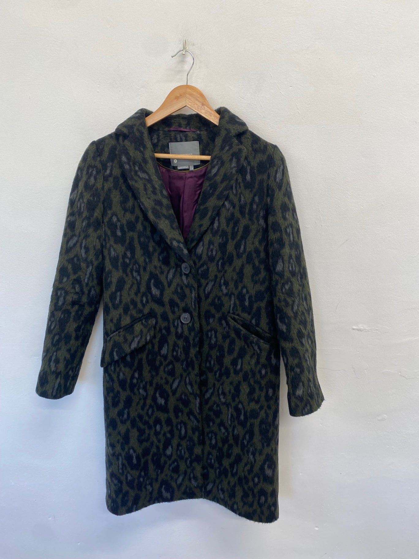 Stunning Anthropologie Frederica Long coat Uk 8 Dark green leopard print NB563
