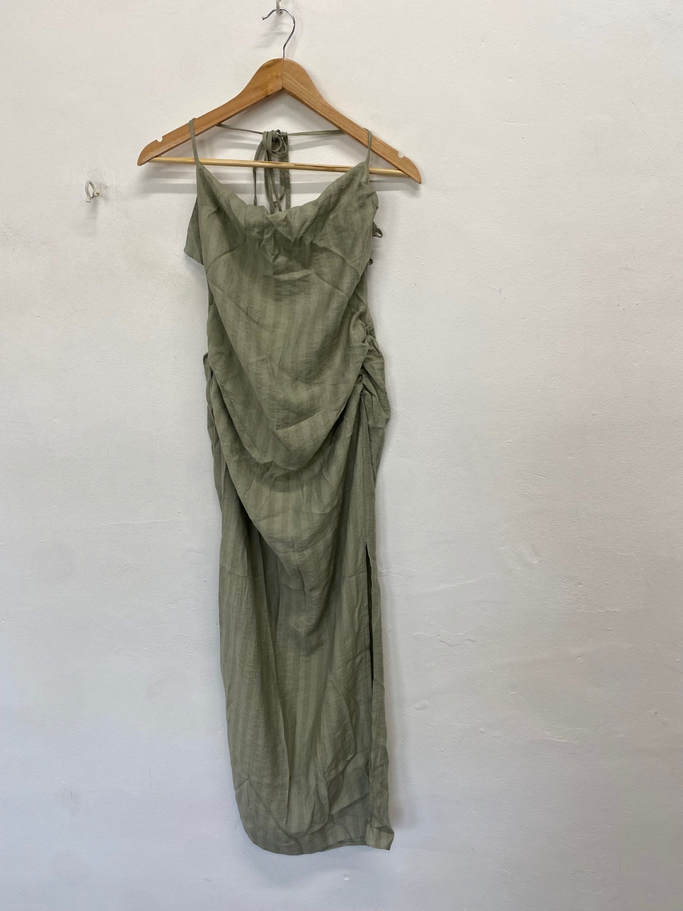 Stunning ASOS Midi Dress Uk 10 Olive Green cowl neck split AM564